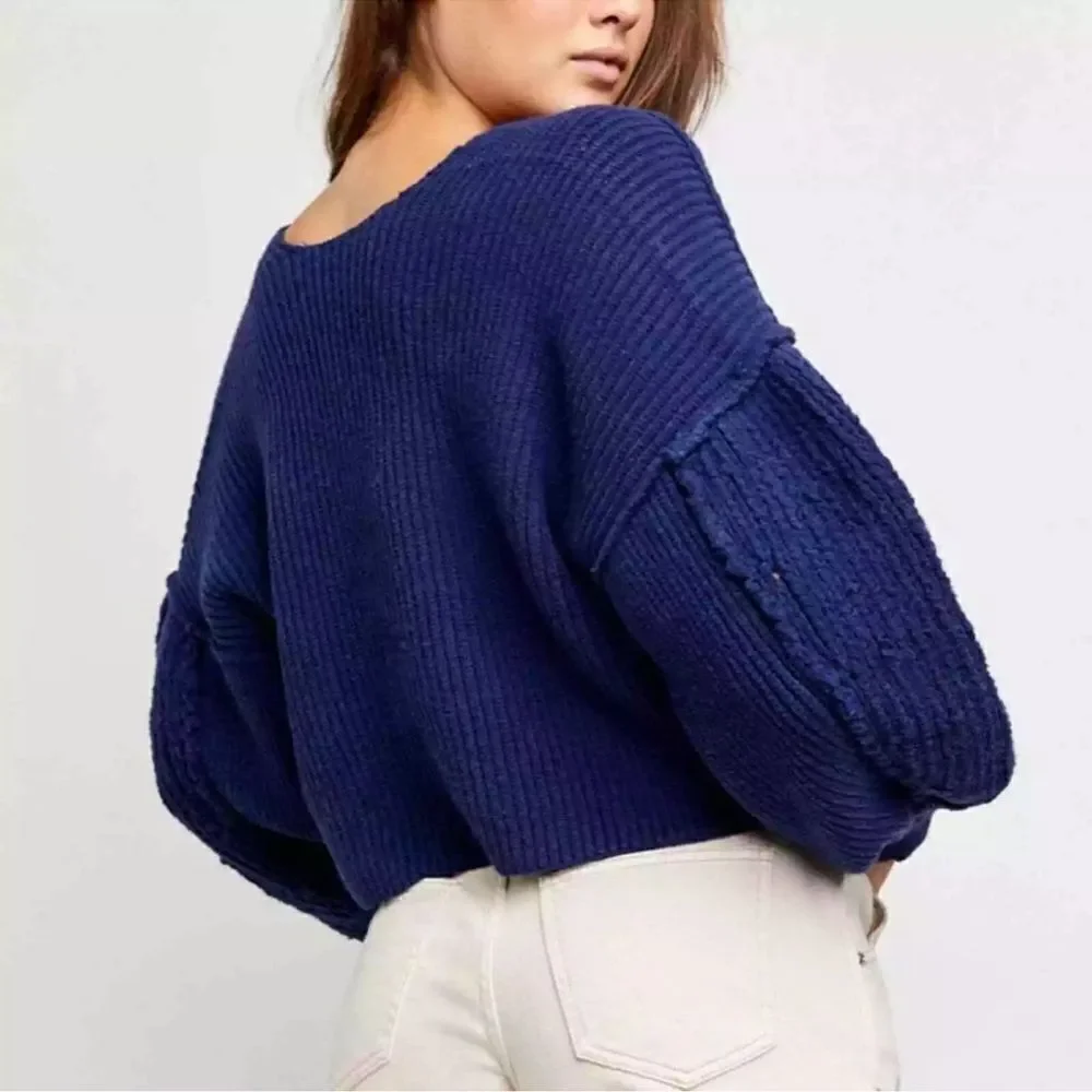 Free People Vanguard Blue Pullover Chunky Knit Cropped Sweater L - Picture 2 of 9